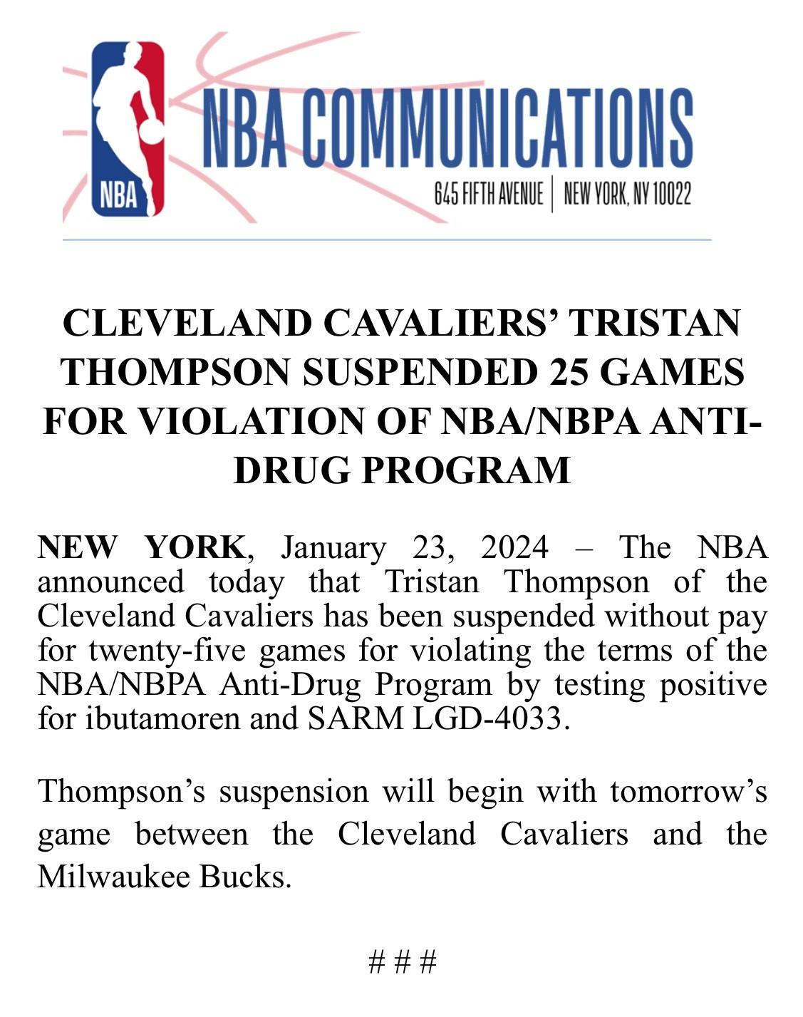 聯盟宣布湯普森自明日起禁賽25場且不支薪。(圖/翻攝自NBA Communications X)