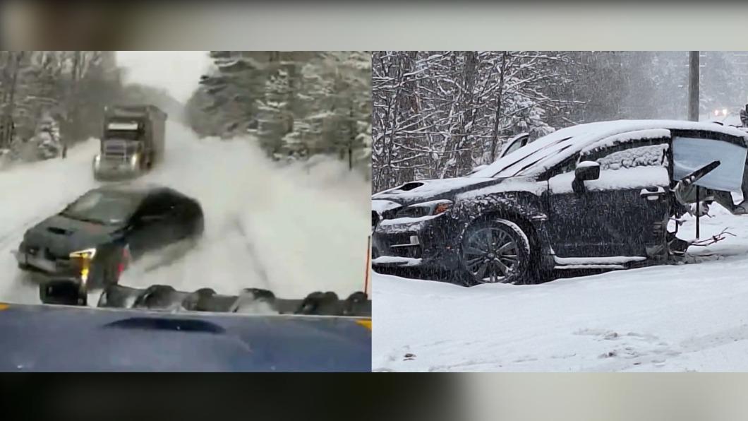 有片/雪地玩命超車剎不住 美轎車撞鏟雪車「斷成2半」