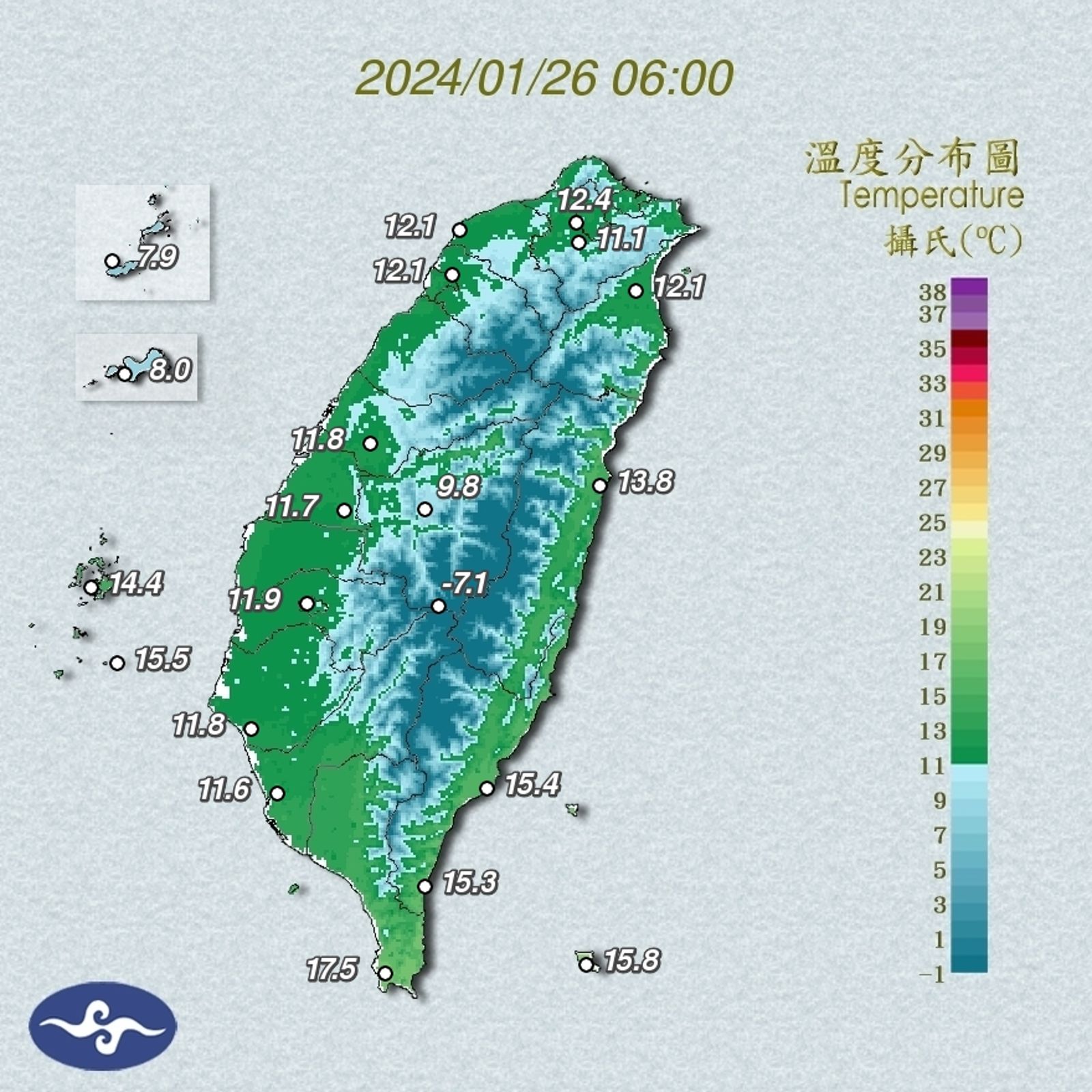 今日各地溫度分布圖。(圖/中央氣象署提供)