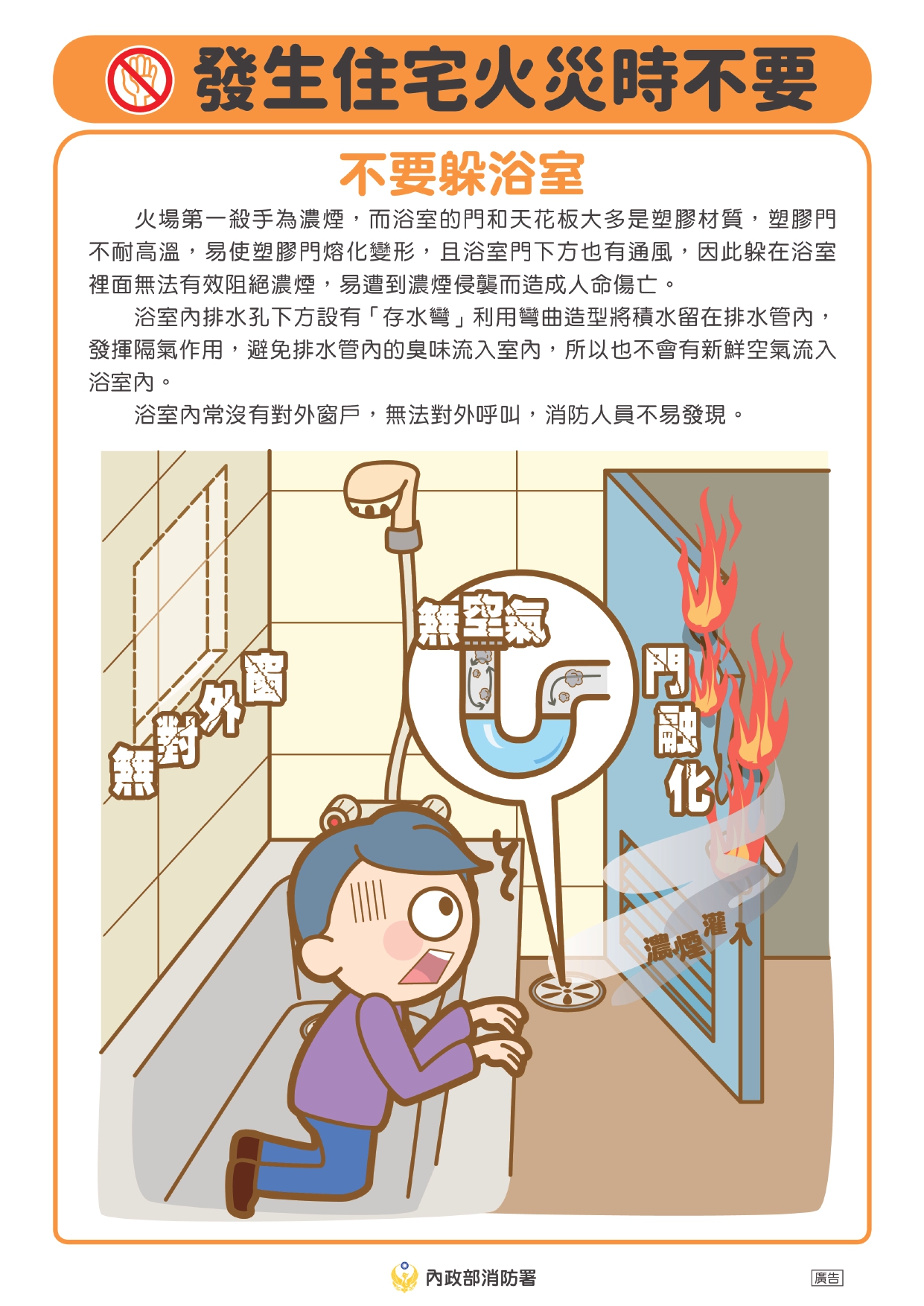 發生住宅火災時「不要躲廁所」。(圖/翻攝自消防署臉書)