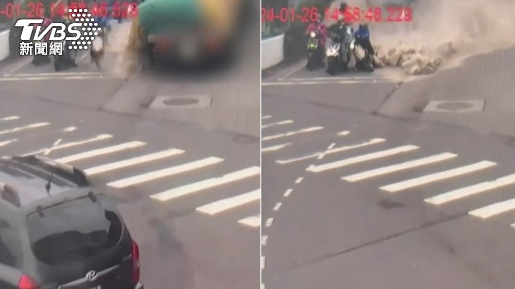 驚悚畫面!聯結車過彎甩飛貨物 「百公斤水泥袋」砸女騎士