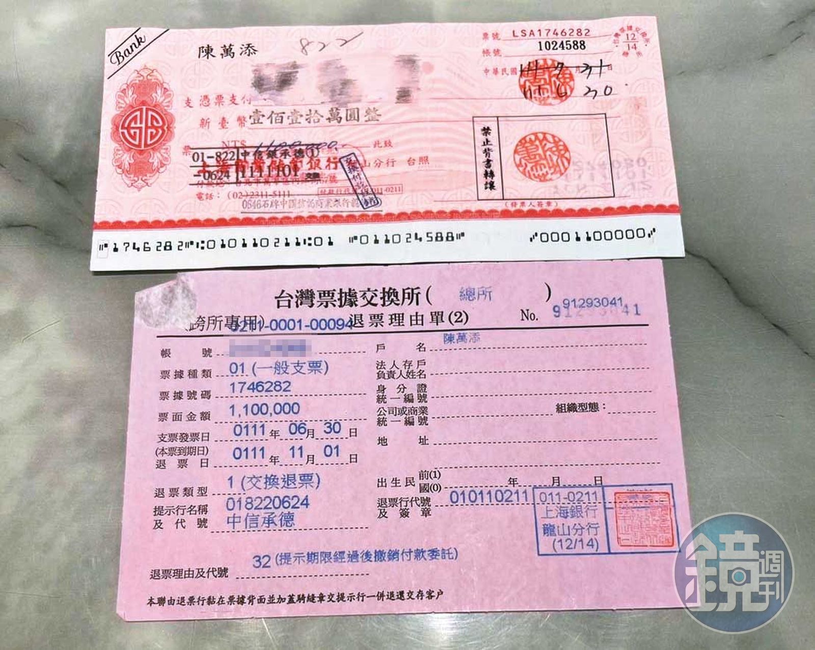 陳萬添借錢時都會開支票當擔保,但A小姐要存入戶頭時卻慘遭跳票。(圖/讀者提供)