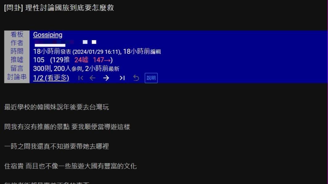 網友發文苦惱,國內哪裡能介紹給外國友人。(圖/翻攝自PTT)