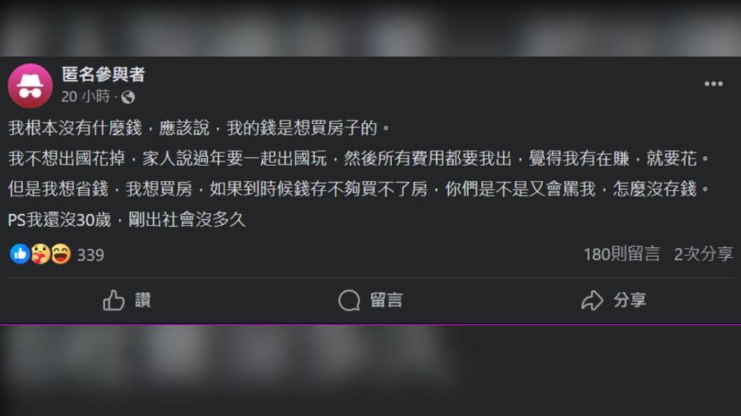 原PO發文抱怨「我根本沒有什麼錢，應該說，我的錢是想買房子的。」（圖／翻攝自匿名公社）