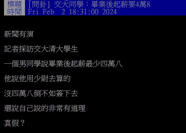 交大生認為畢業起薪48K是基本門檻，引發網友們熱烈討論。（圖／翻攝自PTT）