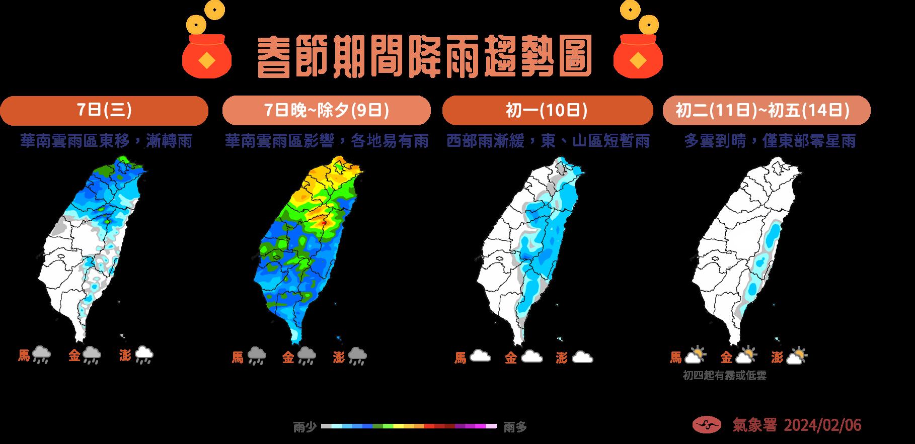 春節期間降雨趨勢圖。(圖/氣象署)