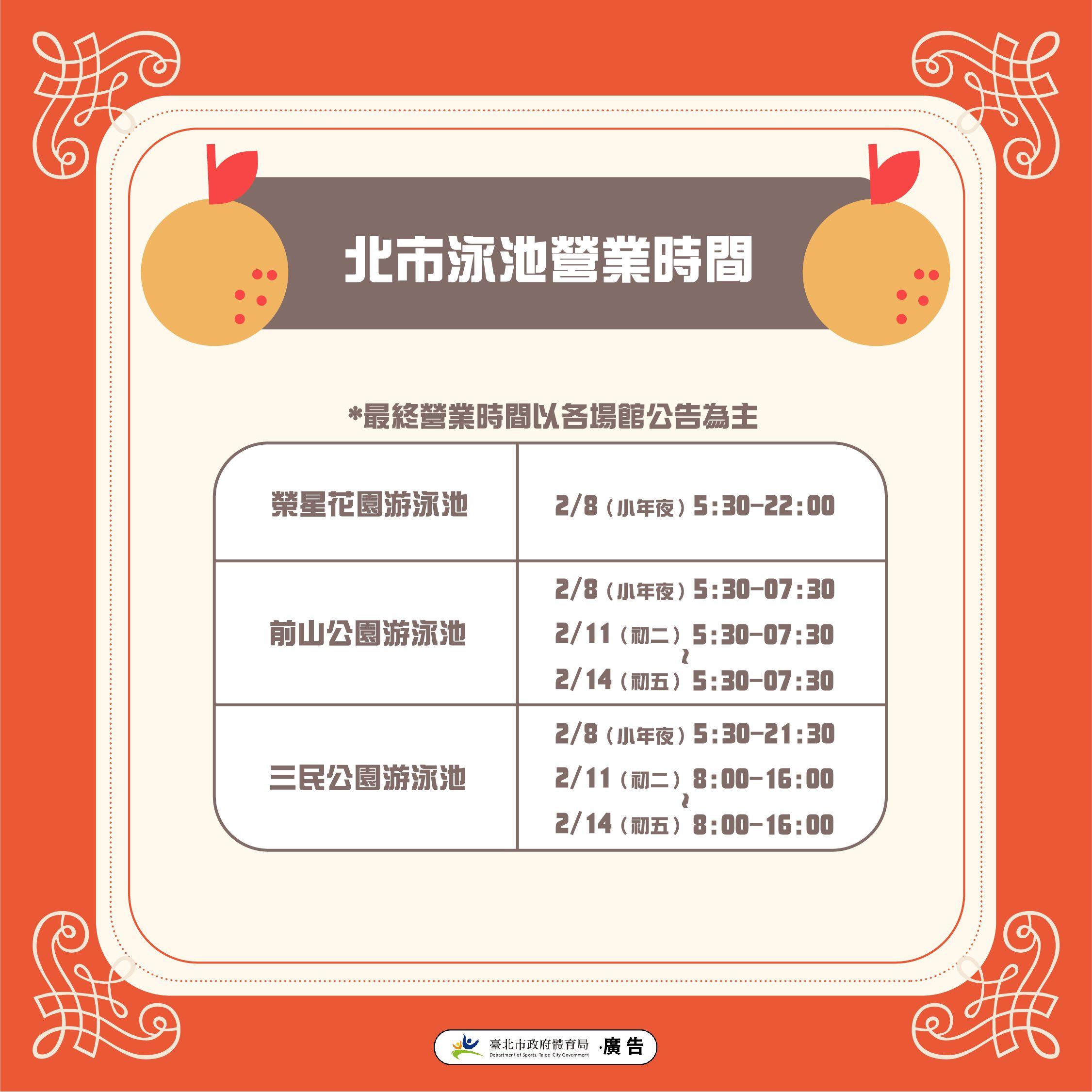 北市泳池營業時間。(圖/北市體育局提供)