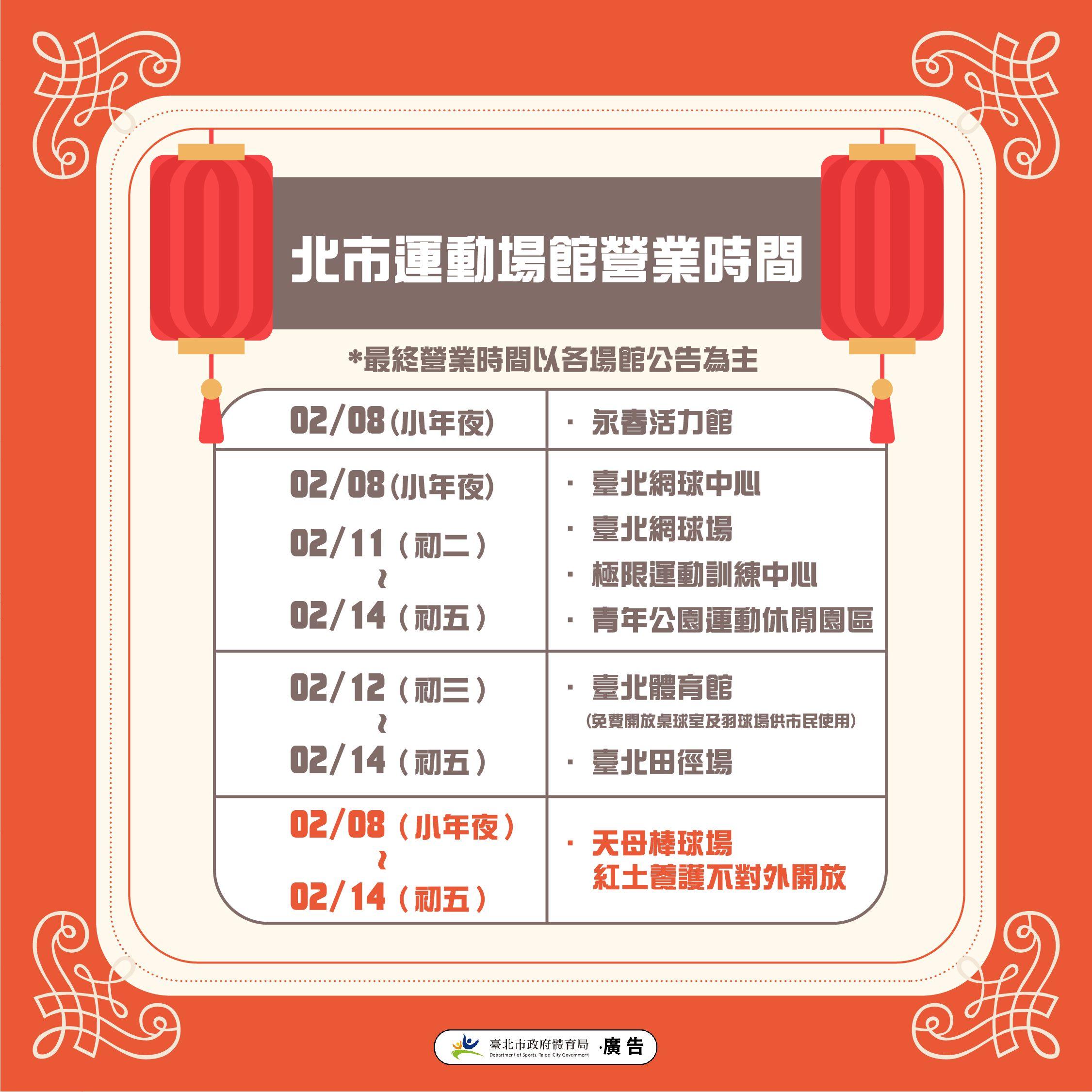 北市運動場館營業時間。(圖/北市體育局提供)