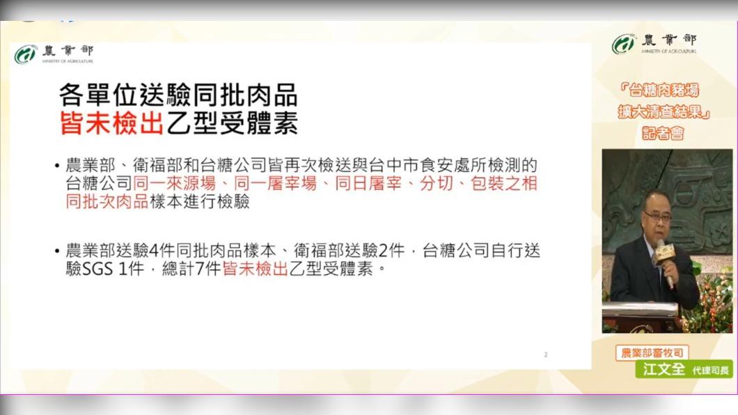 農業部記者會上說明所有溯源清查都未檢出瘦肉精。(圖/翻攝自農業部臉書)