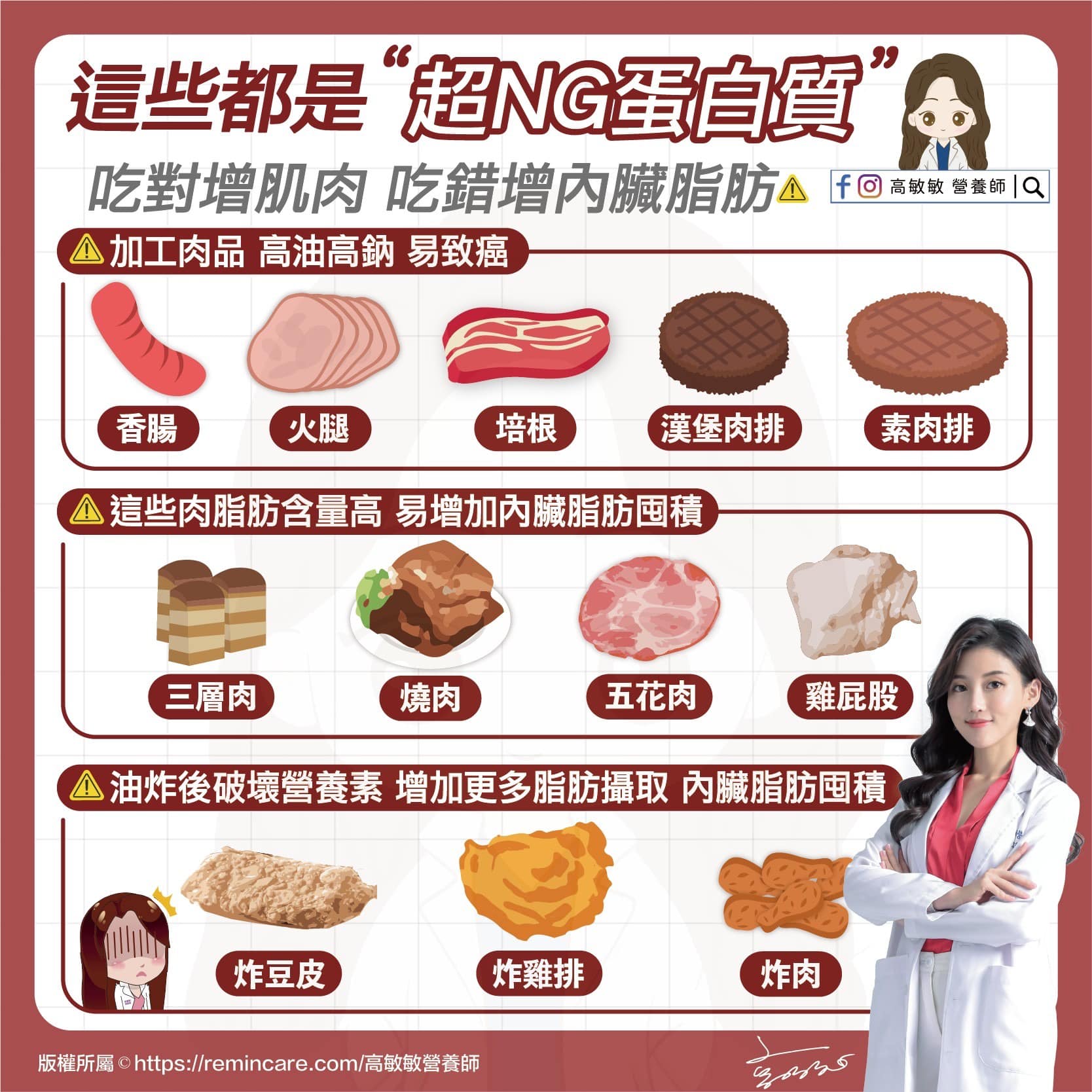 這些都是NG蛋白質,不宜攝取過量,會對身體造成很大的負擔。(圖/高敏敏營養師提供)