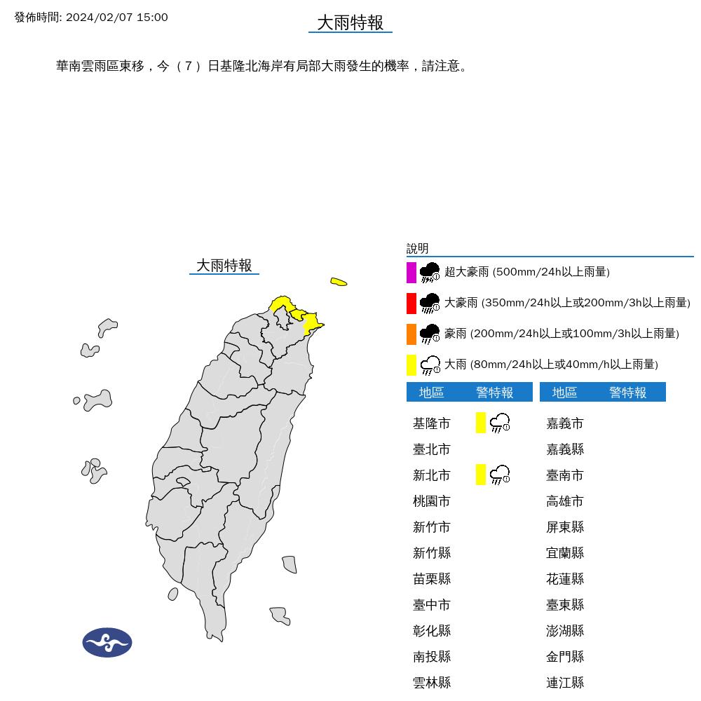 大雨特報。（圖／氣象署）