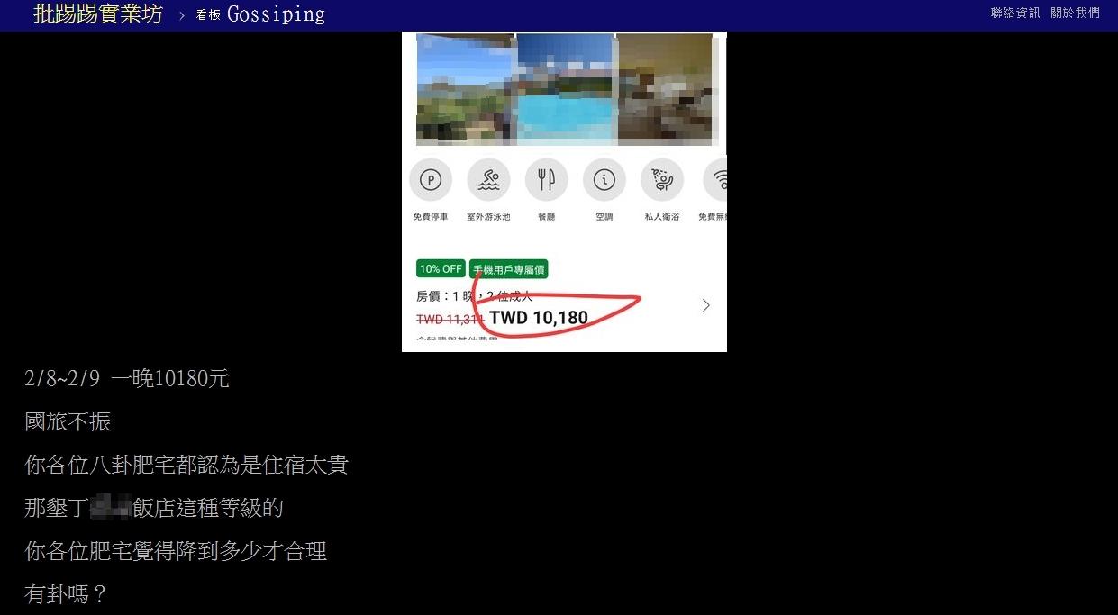 原PO查詢春節期間墾丁知名飯店的房價,發現每晚入住價格竟要破萬。(圖/翻攝自PTT)