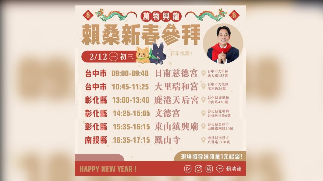 賴清德春節發福袋行程一次看。(圖/翻攝賴清德LINE)