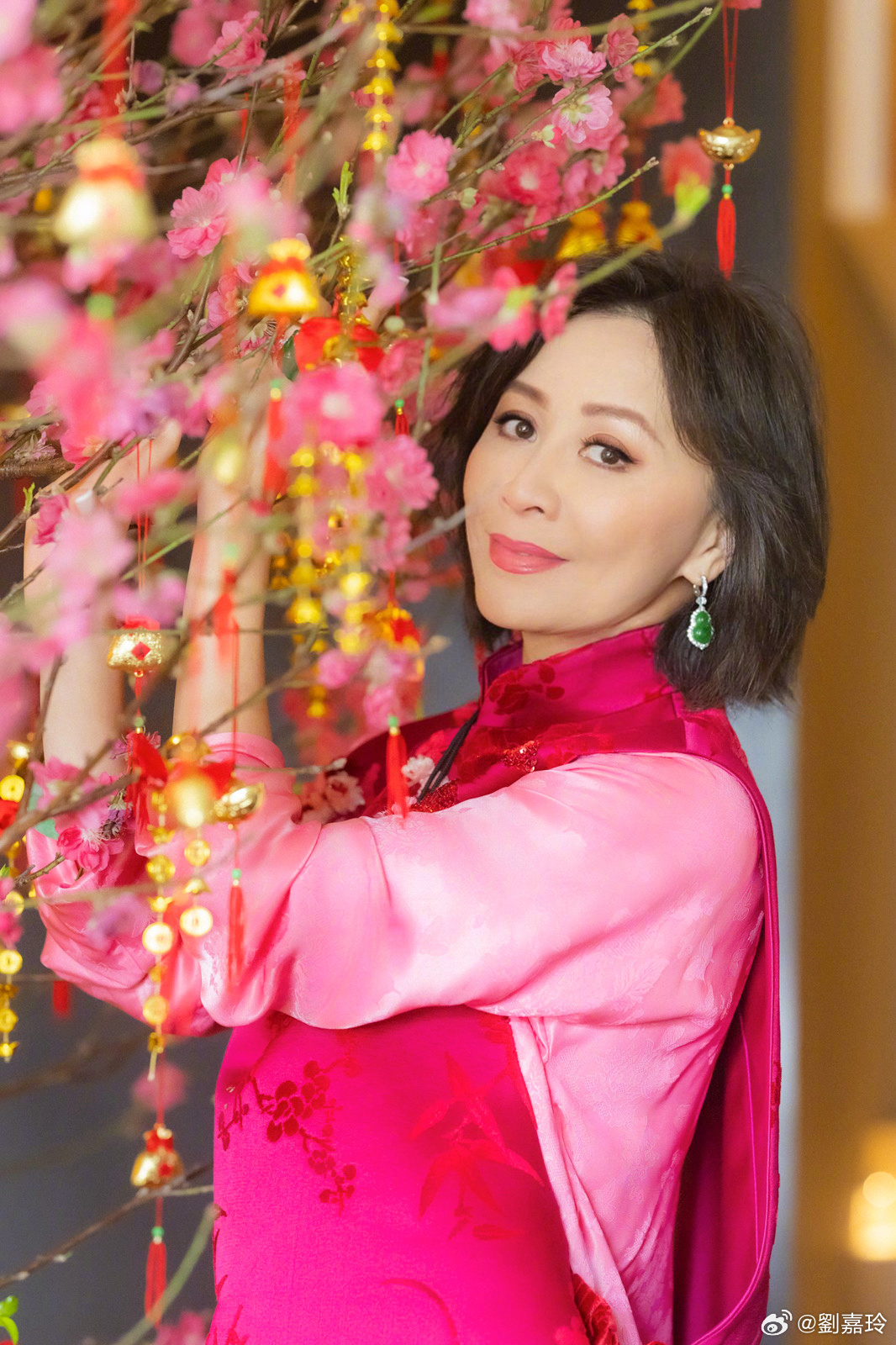劉嘉玲身穿桃紅色的傳統中式服裝與桃樹合影。(圖/翻攝自劉嘉玲微博)