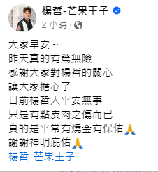 楊哲感謝神明保佑。(圖/翻攝自楊哲-芒果王子臉書)