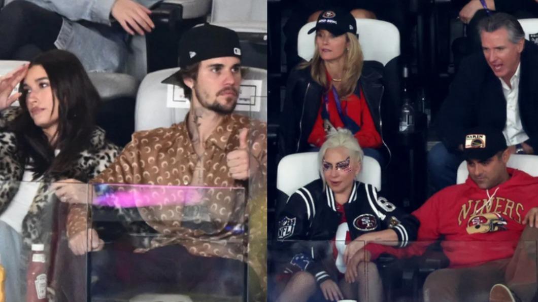 超級盃場邊眾星雲集,小賈斯汀(Justin Bieber)夫妻、女神卡卡(Lady Gaga)與男友都現身。(圖/翻攝自 X)