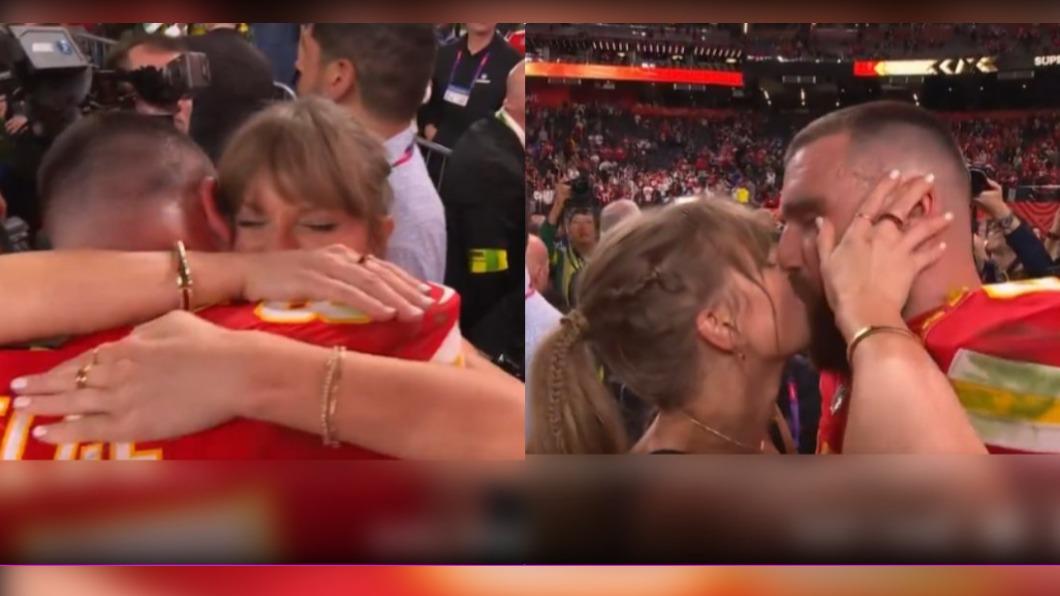 男友凱爾斯(Travis Kelce)完成衛冕,泰勒絲(Taylor Swift)激動擁吻。(圖/翻攝自 X)