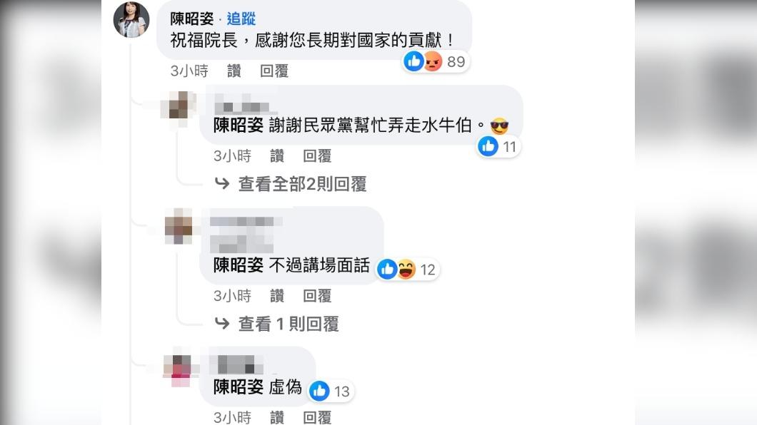 陳昭姿在貼文下留言祝福,竟遭網友砲轟。(圖/翻攝自游錫堃臉書)