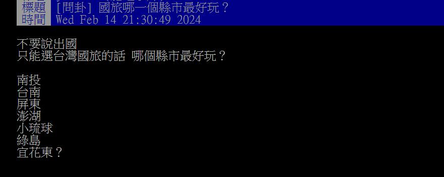 網友好奇台灣哪個縣市最好玩。(圖/翻攝自PTT)