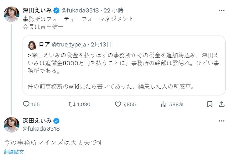 有粉絲提到深田詠美欠稅8千萬元日幣的事,她也轉推回應。(圖/翻攝自深田詠美推特)