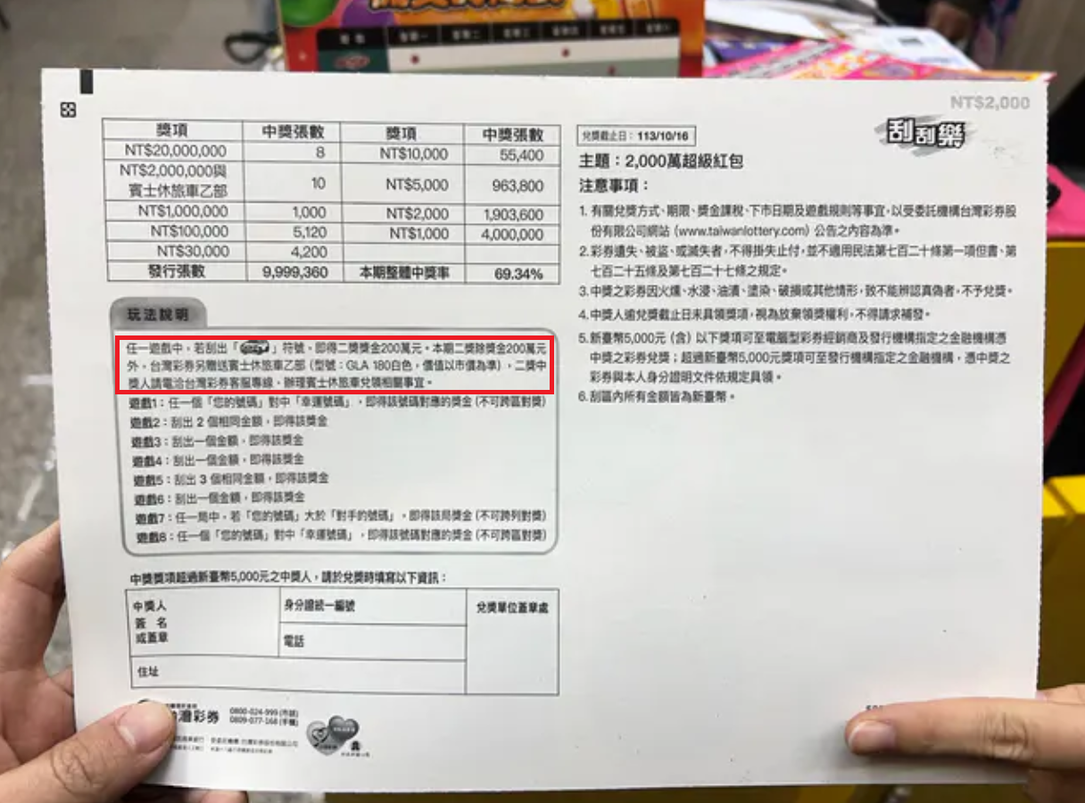 2000萬超級紅包任一選區刮中汽車符號,即得貳獎「200萬元+賓士休旅車」。(圖/翻攝自Dcard)