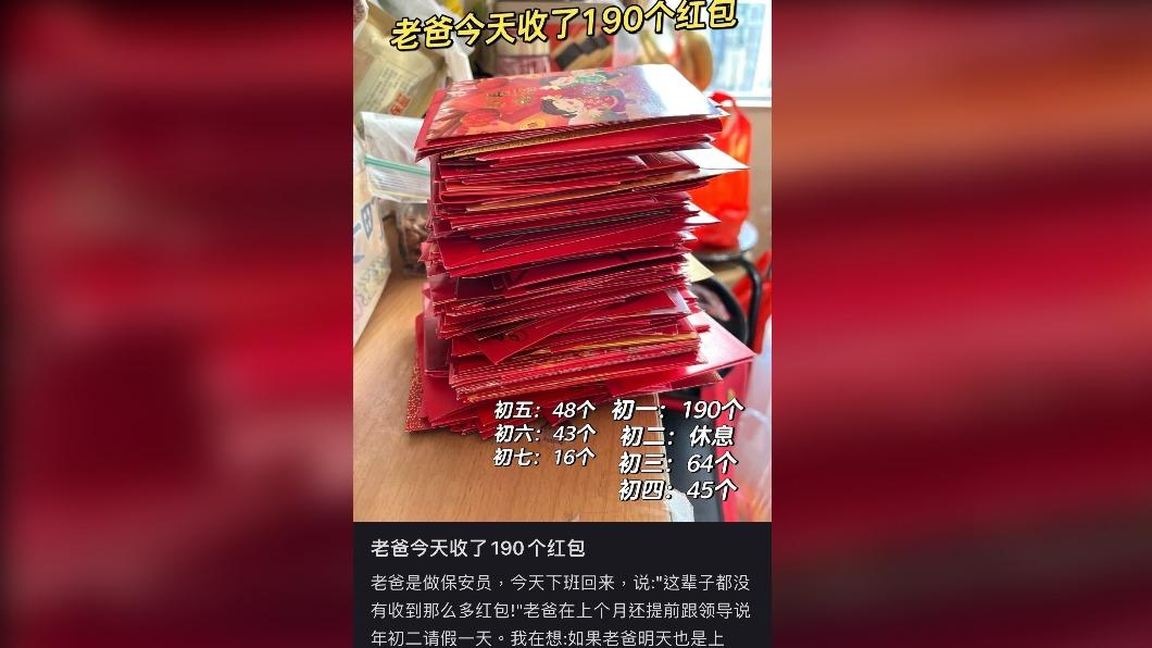 一位全職媽媽在小紅書發文，表示自己的父親今年轉職莊園保全，光大年初一就收到190封紅包。（圖／翻攝自小紅書）