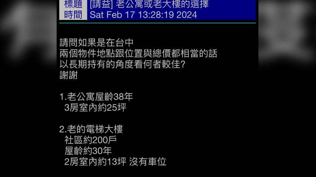 一名網友發文表示目前正糾結於台中兩間房子。(圖/翻攝自PTT)