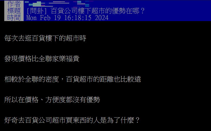 網友好奇價格、便利性皆輸超商的百貨超市,優勢在哪。(圖/翻攝自PTT)