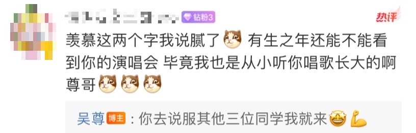 粉絲敲碗飛輪海合體開演唱會,吳尊直球回覆。(圖/翻攝自吳尊微博)
