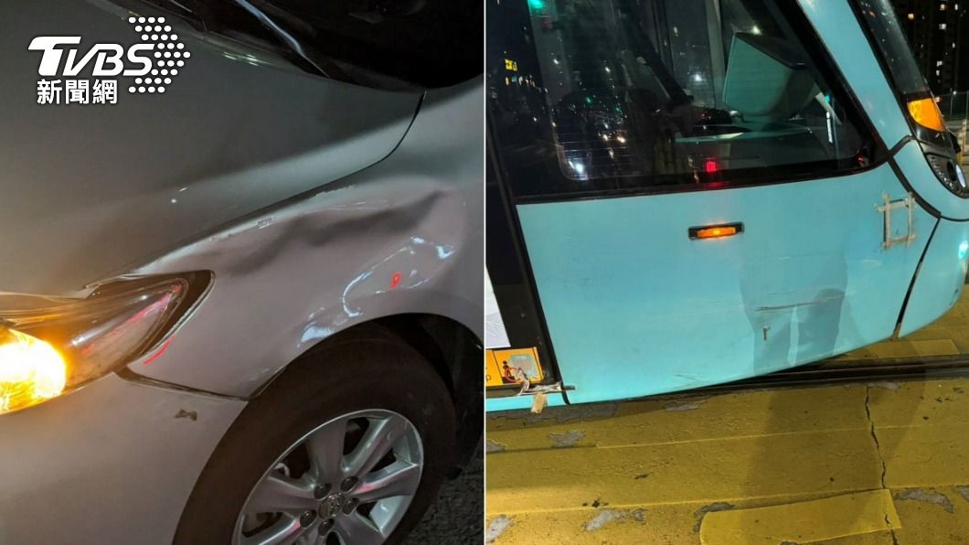 小轎車與輕軌列車擦撞造成板金凹陷。(圖/TVBS)