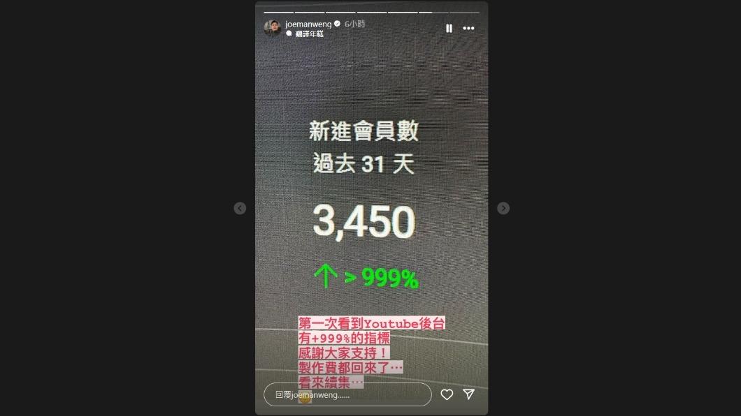 Joeman分享頻道會員上升。(圖/翻攝自Joeman IG)