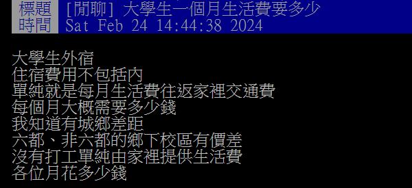原PO好奇發問，大學生若不算住宿費的話，每月大概需要多少錢？（圖／翻攝自PTT）