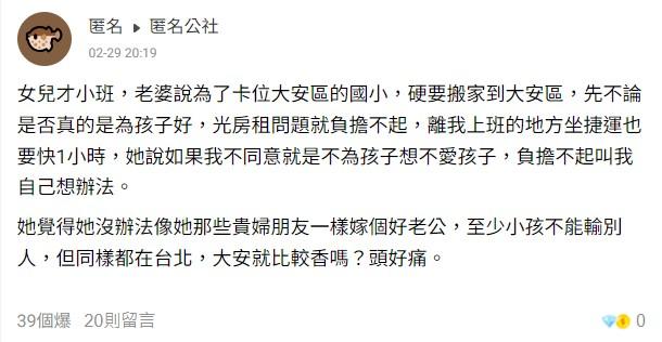 老婆為卡位大安區國小,要求搬家到大安區。(圖/翻攝自匿名公社)