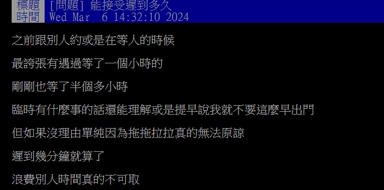 原PO好奇發問,想知道眾人對於遲到的容忍度有多高?(圖/翻攝自PTT)