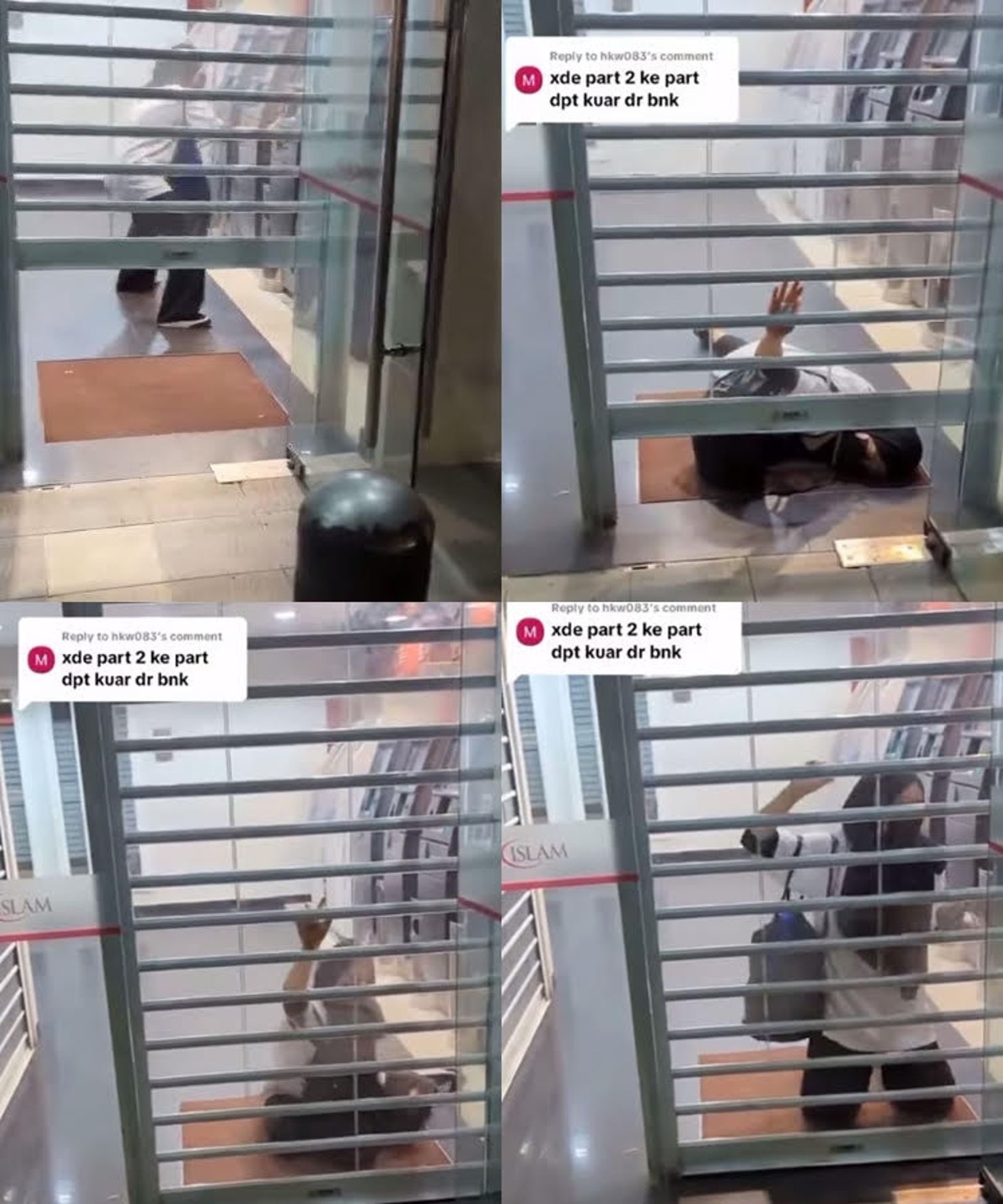 女子來不及從鐵捲門下方逃出，最後無奈受困在銀行提款室。（圖／翻攝自IG@malaysia.daily）