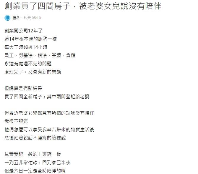 原PO辛苦創業,每天工作超過14小時。(圖/翻攝自Dcard)
