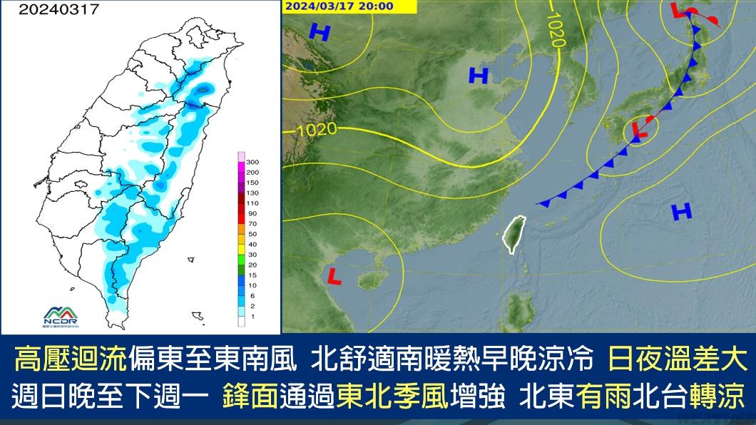 週日（17日）至下週一（18日）北東轉濕涼。（圖／TVBS）