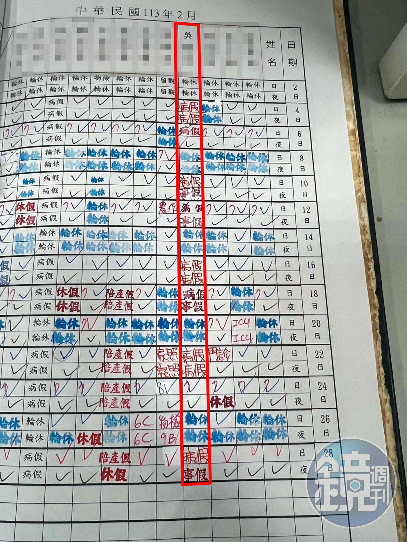 台北監獄管理員吳男1、2月只上6天班,非常誇張。(圖/讀者提供)