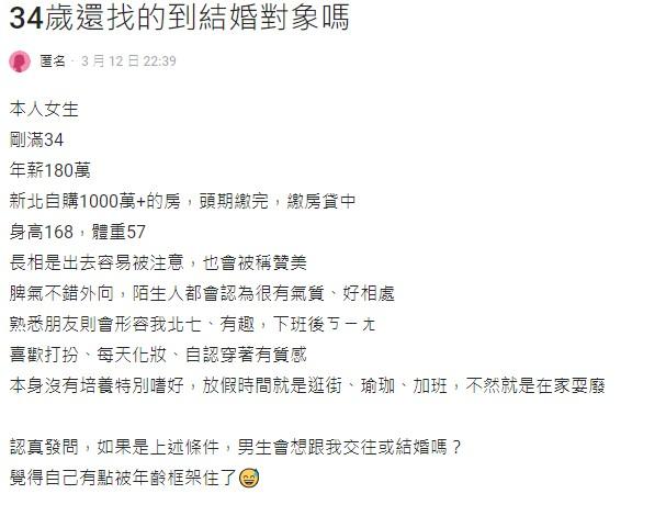 原PO好奇,以自己的條件,為何找不到結婚對象。(圖/翻攝自Dcard)