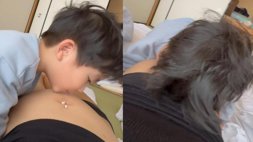 劉香慈兒子親吻她的孕肚,奶音讓人融化。(圖/翻攝自劉香慈臉書)