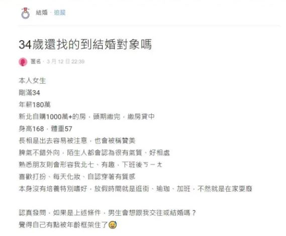 原PO列出自身條件,好奇自己是否還有機會脫單?(圖/翻攝自Dcard)
