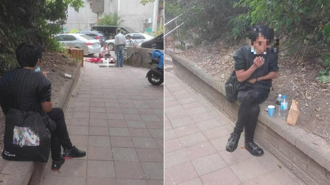 朱男狠心殺害阿姨後,冷血地坐在一旁抽菸。(圖/民眾提供)