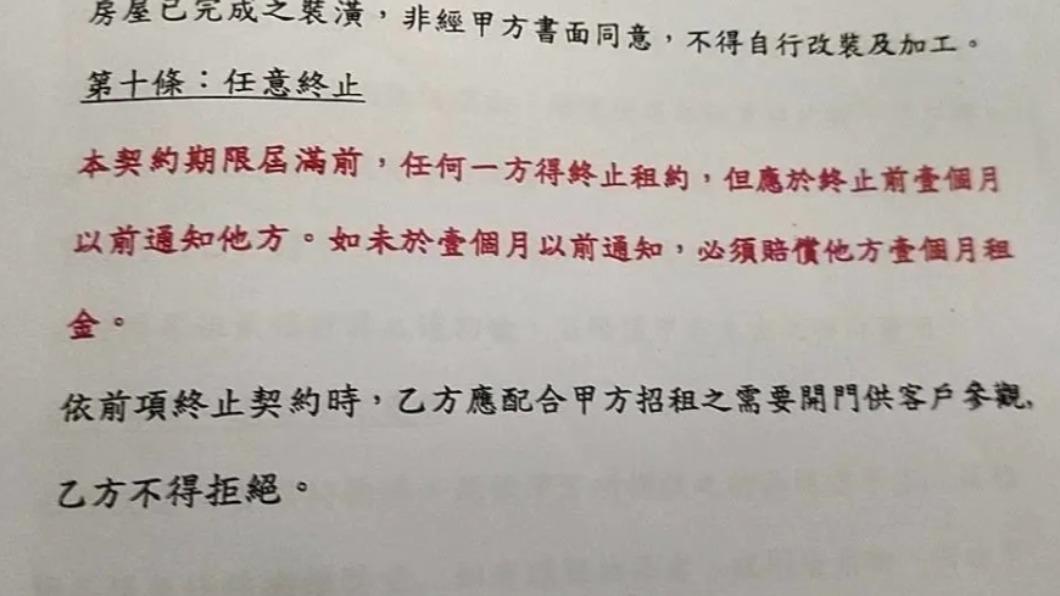 網友的租賃契約有「任意終止」條款。(圖/翻攝自Dcard)