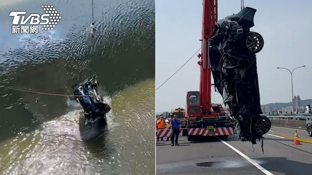 快訊/國1墜河小轎車吊起來了!車體撞爛 32歲男駕駛卡車內罹難