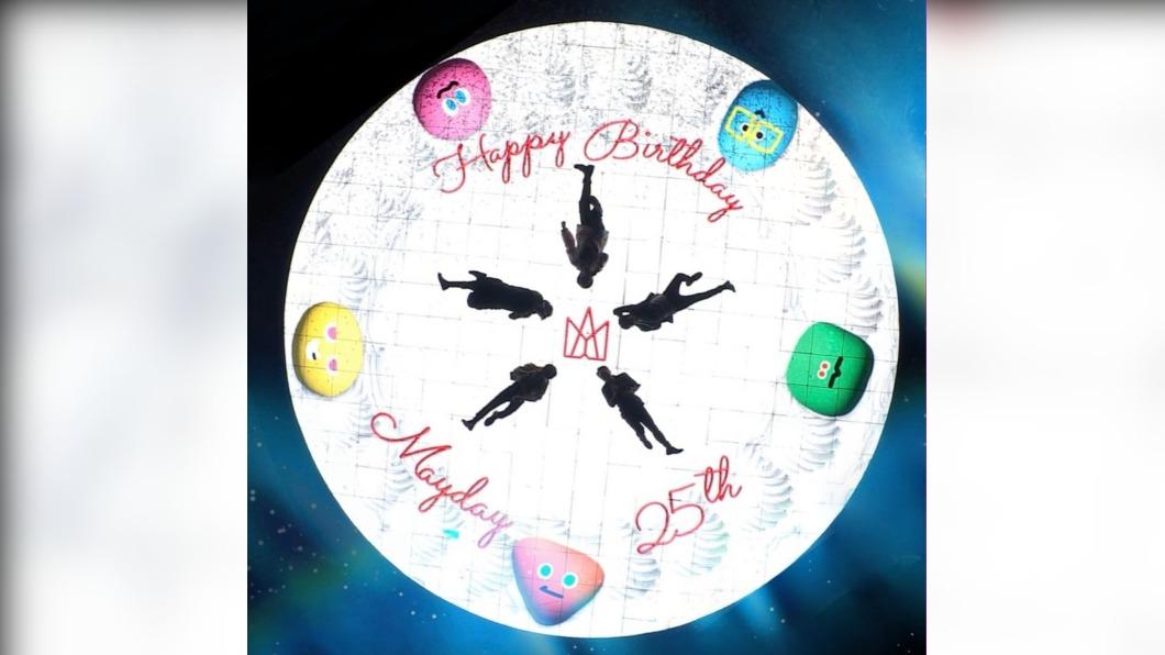 五月天躺在舞台上暢談出道趣事,舞台更應景出現生日蛋糕的圖案。(圖/相信音樂提供)