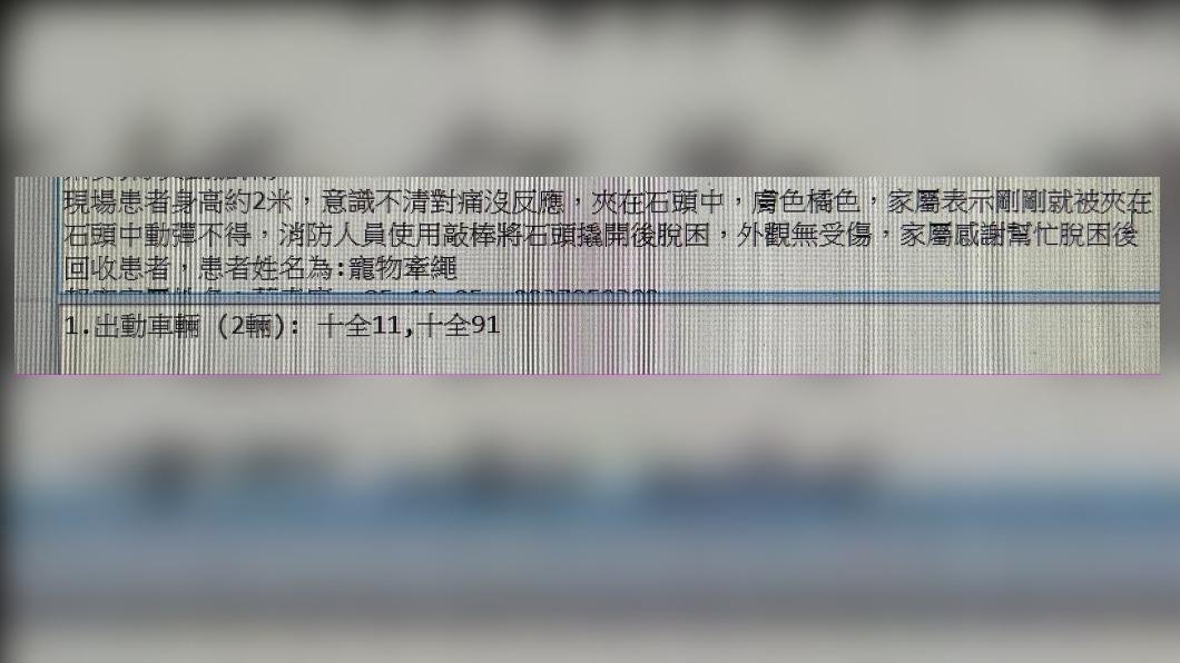 寵物牽繩卡在石縫中。(圖/翻攝自靠北消防3.0)