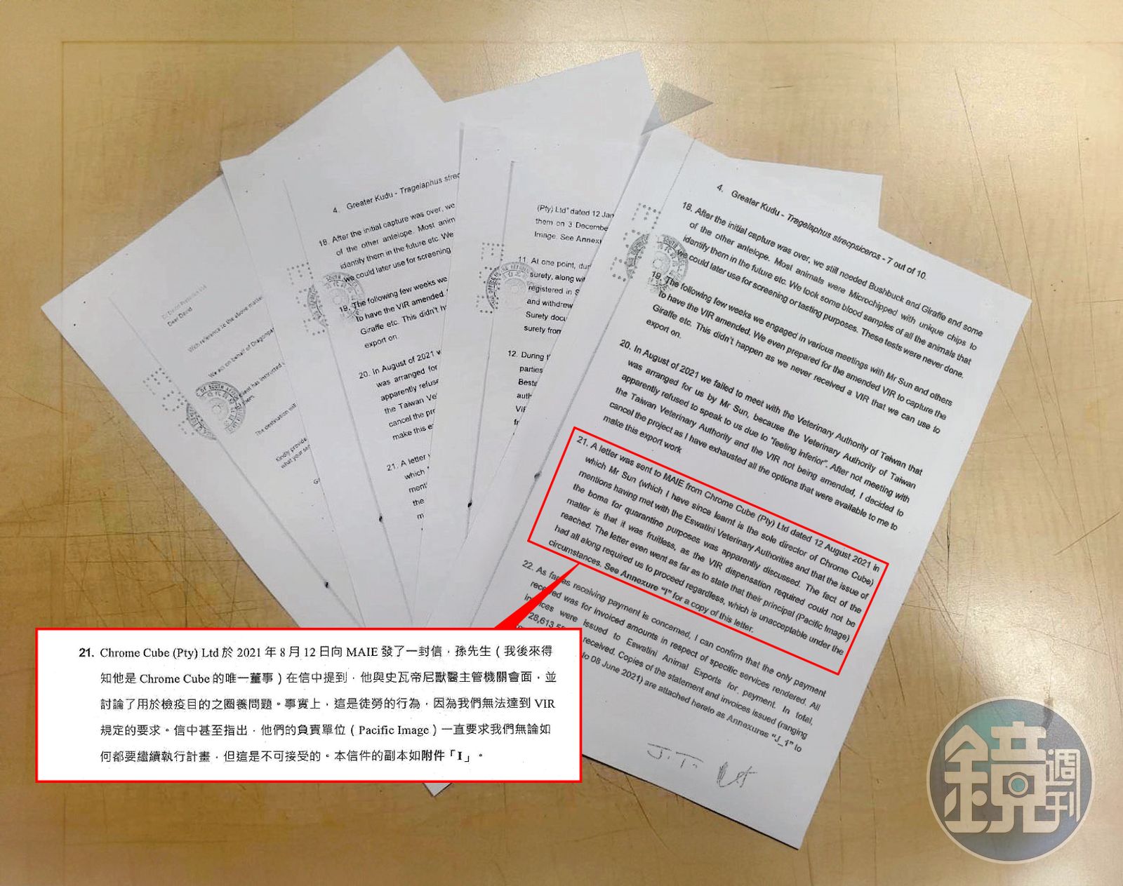 史瓦帝尼掮客出具文書提及,孫耀亨無法符合台灣農委會輸入動物規範,仍執意要他們捕捉動物,足以佐證詐欺意圖明確。(圖/讀者提供)