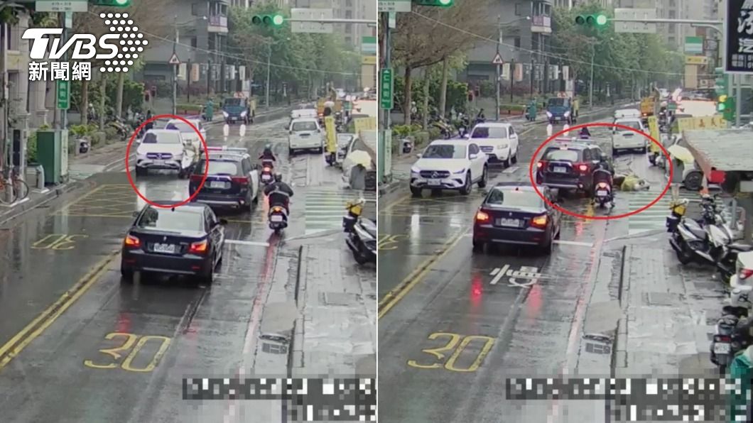 賓士車擦撞機車，機車騎士又撞上警車後慘摔。（圖／TVBS）