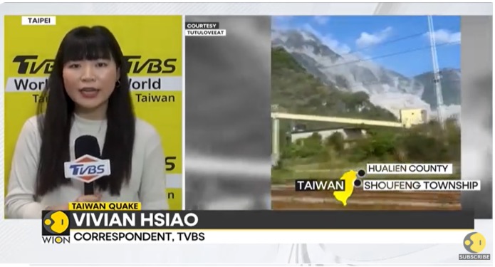 TVBS英語新聞記者蕭子瑜,和印度英語新聞台WION連線,說明花蓮地震災情拷貝。(圖/翻攝WION)