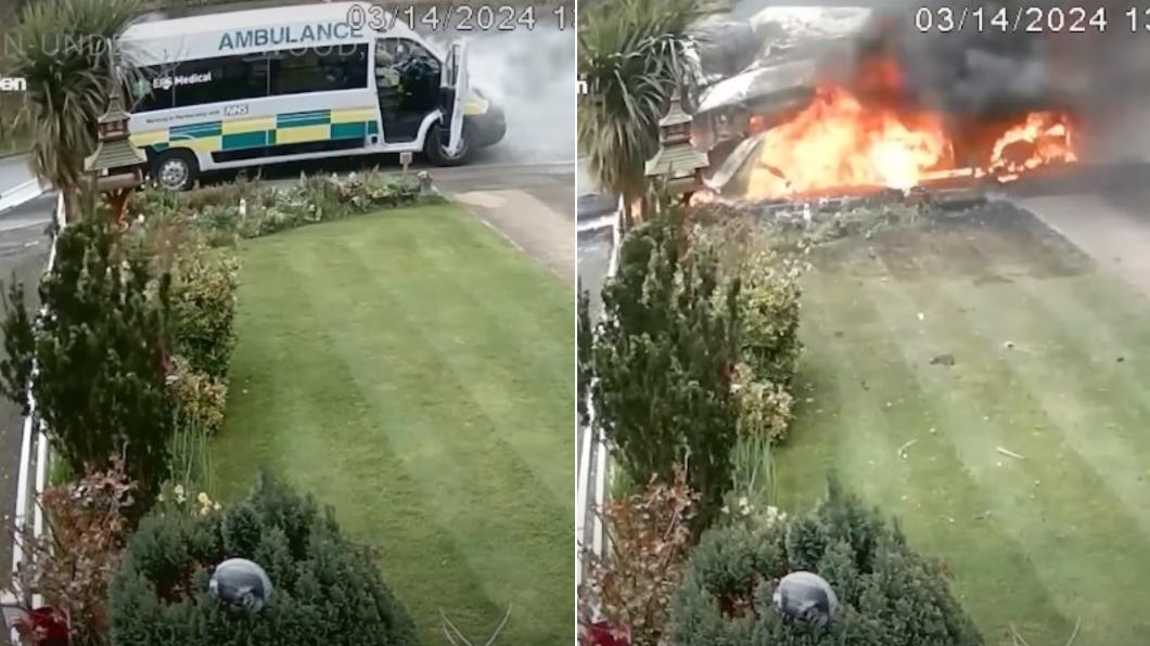 剛把病患送回家 英救護車下秒原地爆炸燒成火球